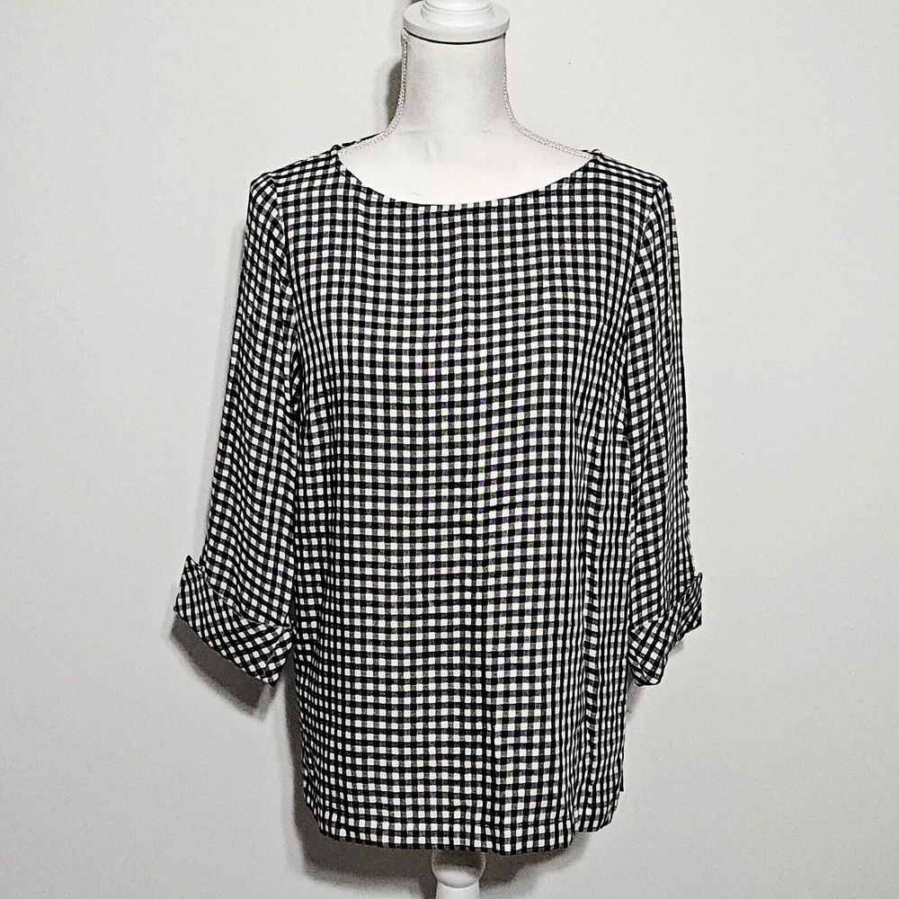 J. Jill Shirt‎ Women's Petite Size S PS White Black Gingham Plaid 100% Rayon
